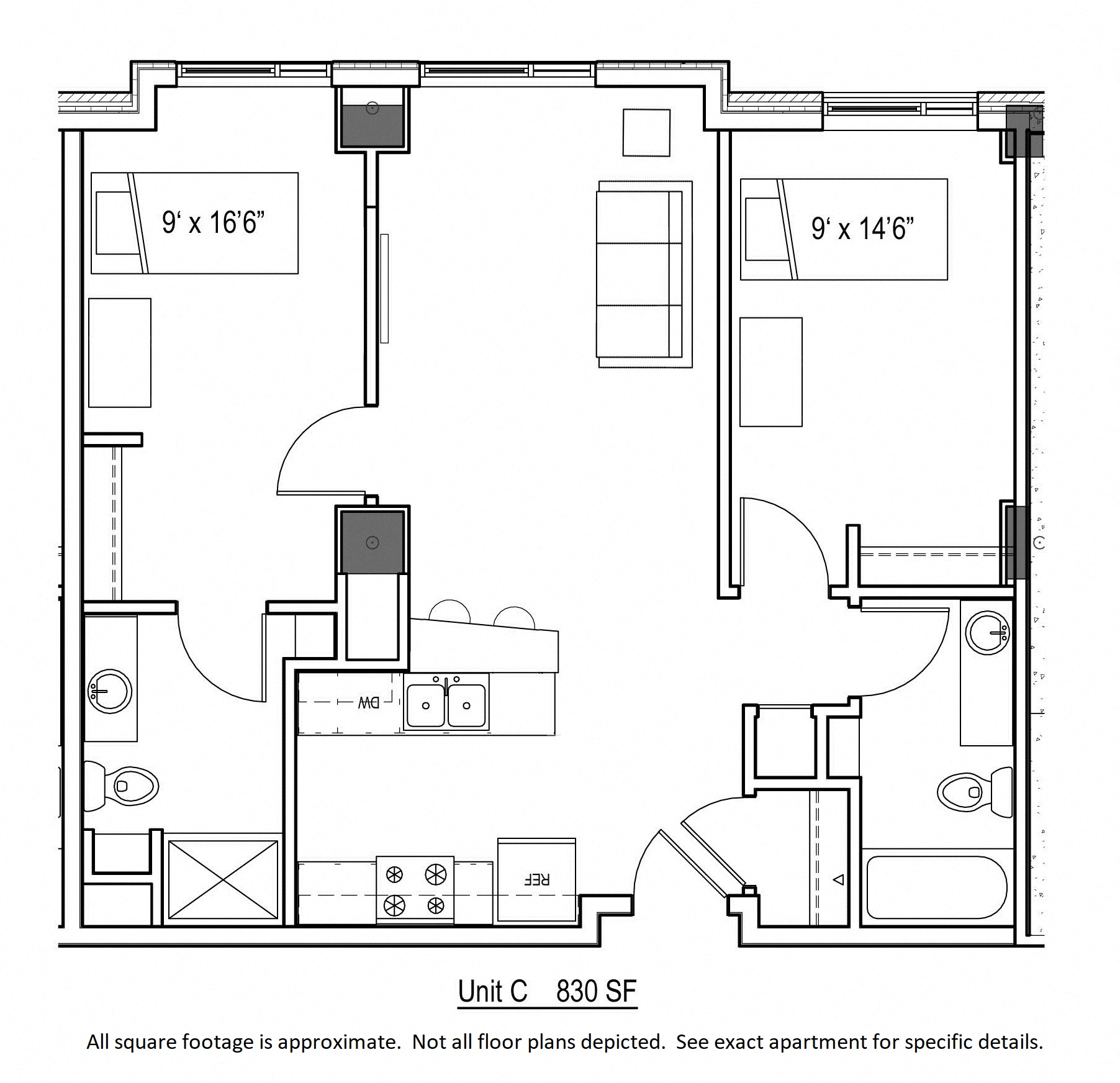 Floor plan for 2 beds, 2 baths, 830 sqft